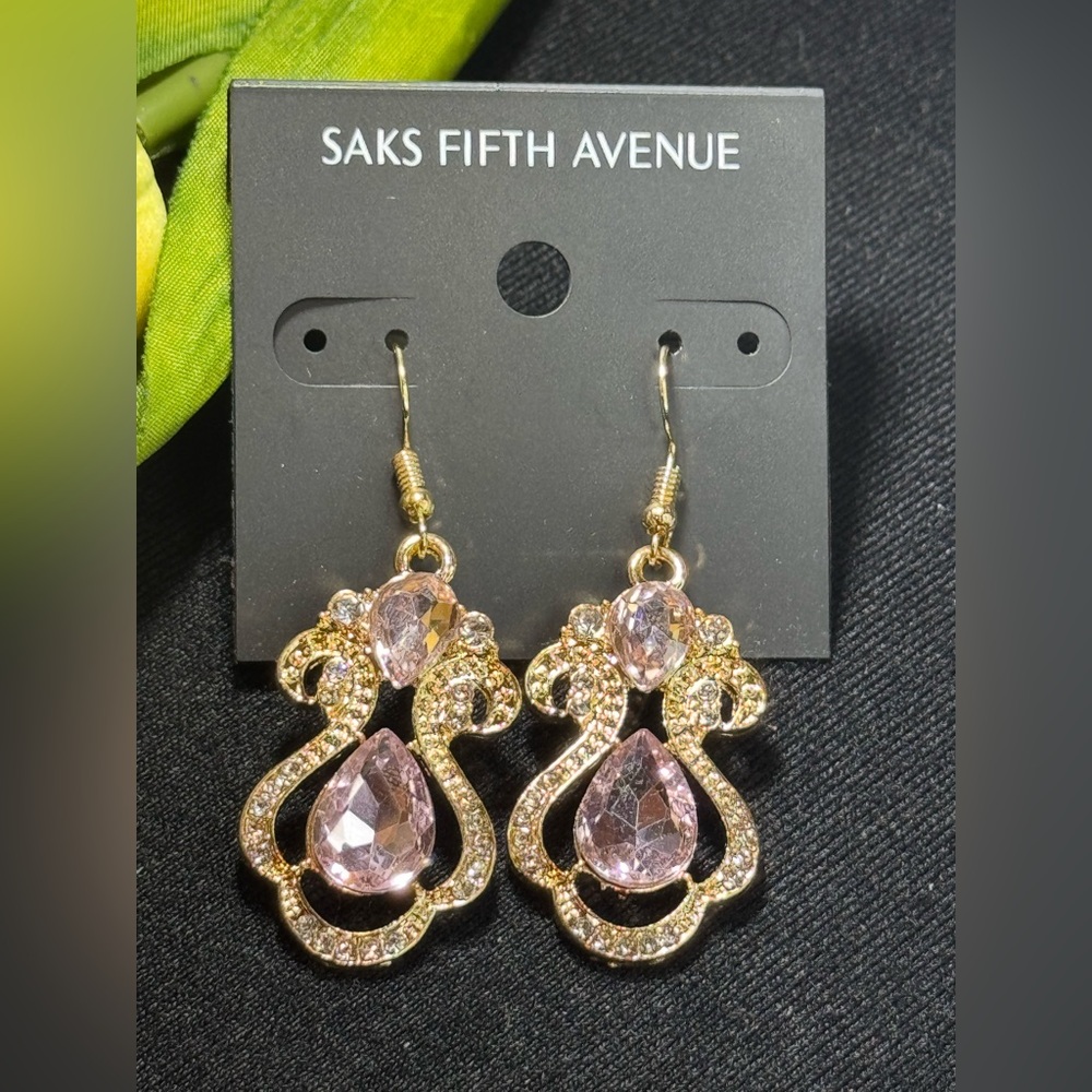 Saks Fifth Avenue Pink Crystal Gold Statement Earrings 2.25in